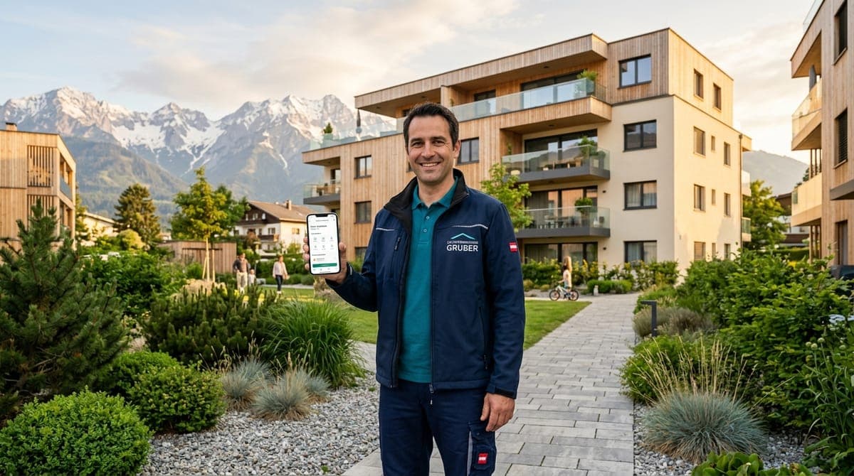 Facility Manager vor modernem Wohngebäude mit Alpen-Panorama