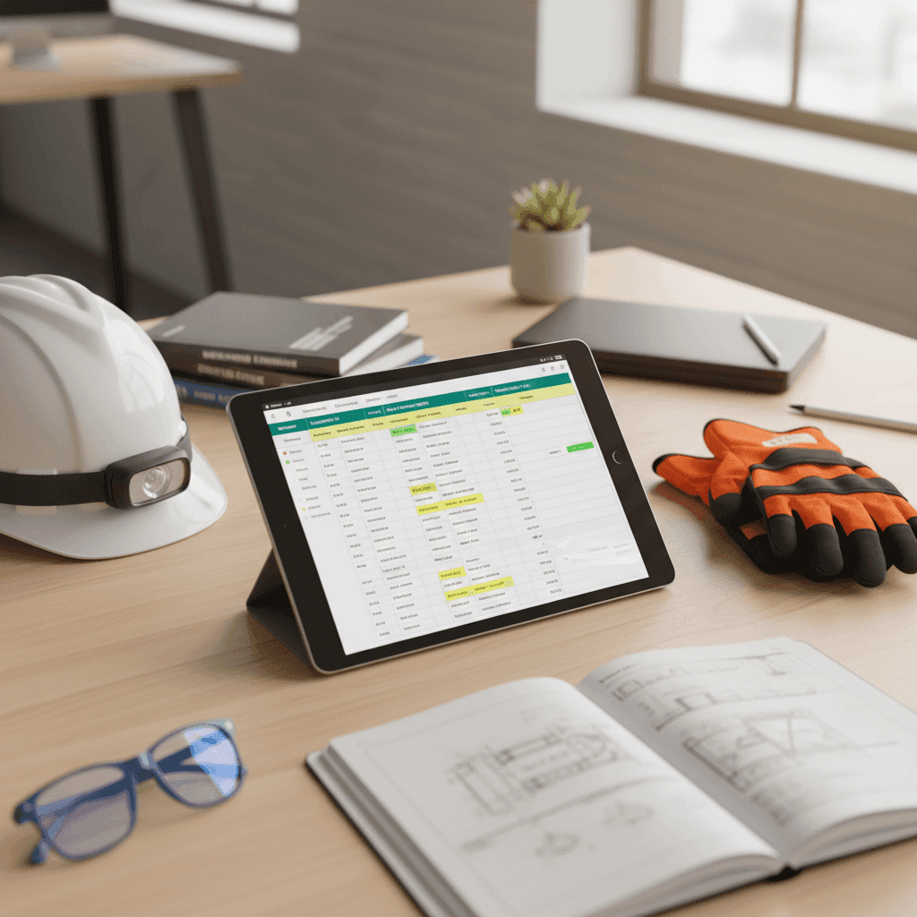 Strukturierter Einsatzbericht auf einem Tablet neben Arbeitsausrüstung