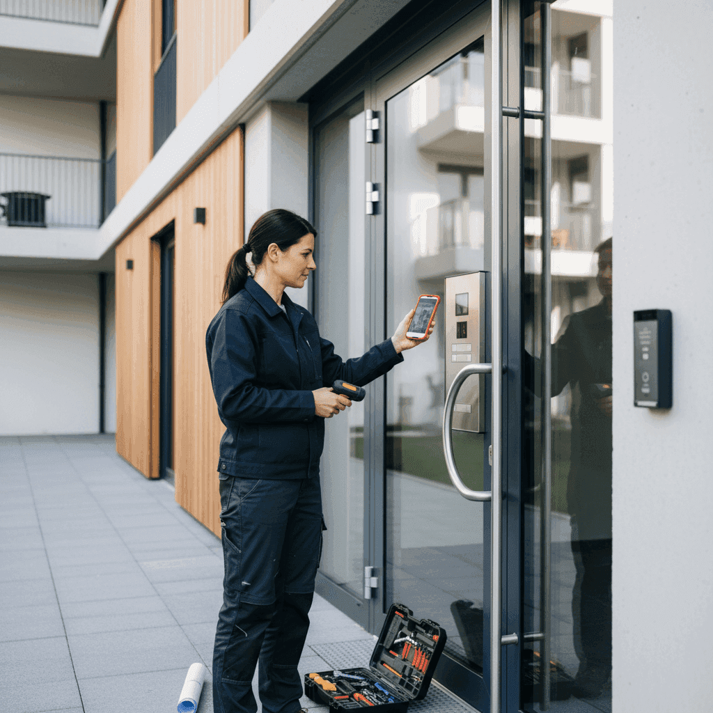 Hausmeisterin dokumentiert einen Einsatz mit dem Smartphone direkt vor Ort
